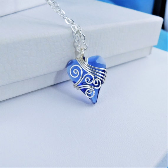 Blue Crystal Heart Pendant, Artistic Necklace for Birthday Present or Anniversary Gift for Wife, Jewelry for Valentine's Day Gift