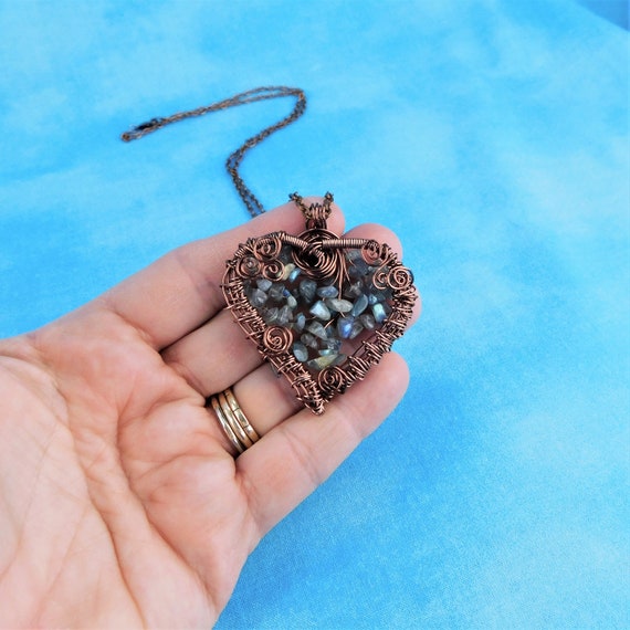 Artistic Woven Wire Wrapped Labradorite Necklace, Beaded Copper Heart Pendant with Genuine Gemstones, Wearable Art Jewelry Gift for Wife