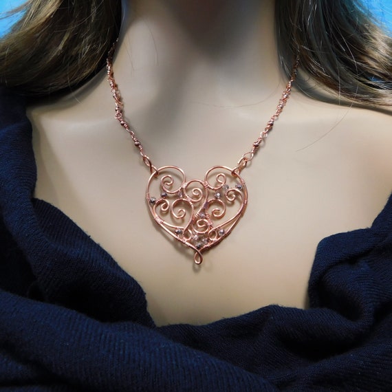 Sculpted Wire Scroll Work Necklace in Bright Copper / Rose Gold 7th Anniversary Gift for Wife or Girlfriend, Unique Artisan Jewelry for Her