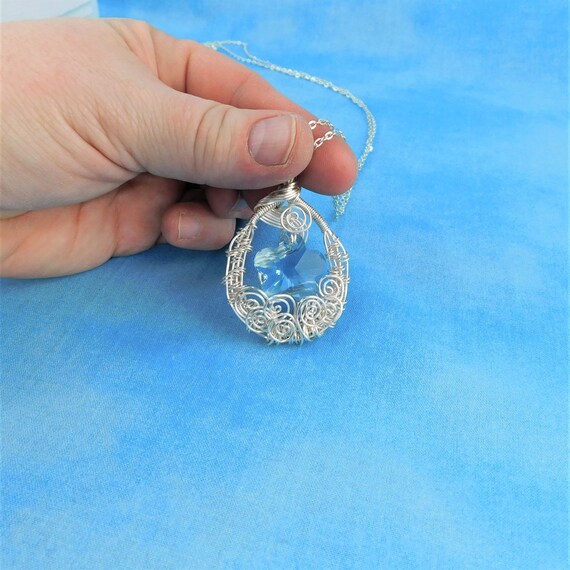 Wire Wrapped Blue Crystal Flower Necklace Artisan Crafted Artistic Handmade Pendant One of a Kind Wearable Art Jewelry Anniversary Present