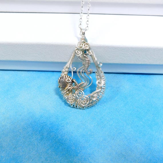 Seahorse Necklace Beach Theme Jewelry, Unique Wire Wrapped Wearable Art Ocean Pendant, Handcrafted One of a Kind Wearable Art Present