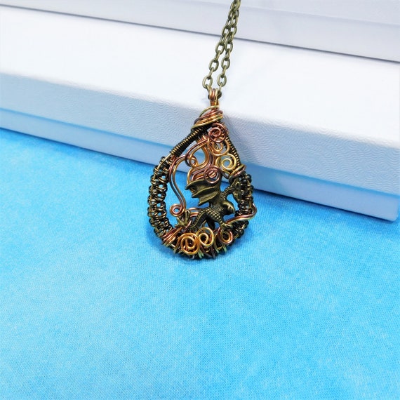 Unique Dragon Theme Jewelry, Rustic Copper Wire Wrapped Fantasy Necklace, Artistic Handmade Pendant, One of a Kind Wearable Art Jewelry