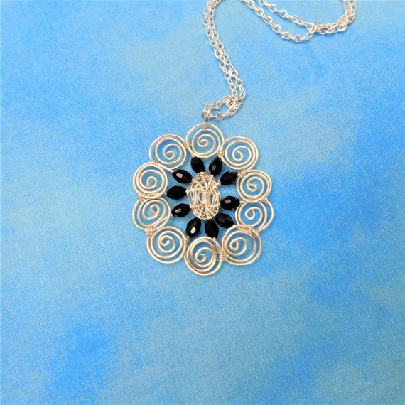 Unique Artisan Crafted Black Crystal Flower Necklace, Artistic Wire Wrapped Pendant, Mother's Day Present for Wife, Mom, or Mother in Law