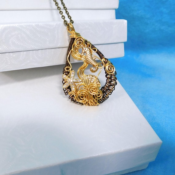 Artistic Seahorse Necklace, Unique Wire Wrapped Ocean Theme Pendant, Artisan Crafted Wearable Art Beach Jewelry One of a Kind Gift for Women