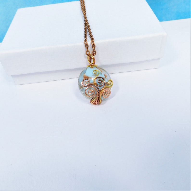 Artistic Pendant Wife Gift Artisan Crafted Wearable Art Jewelry Present Ideas for 7th Anniversary Copper Wire Wrapped Blue Glass Necklace
