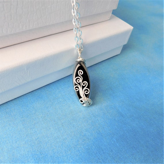 Wire Wrapped Black Glass Necklace, Unique Wire Sculpted Pendant, Artistic Wearable Art Jewelry Birthday or Anniversary Present for Women