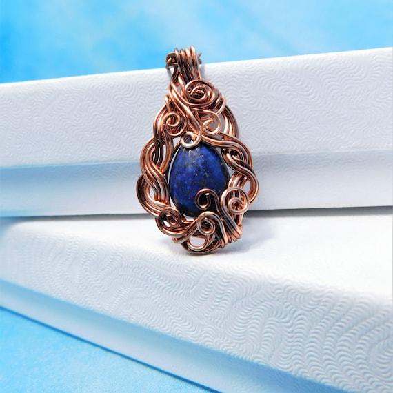 Lapis Lazuli Pendant, Copper Wire Wrapped Artistic Gemstone Necklace Unique 9th Anniversary Gift Jewelry for Wife or Girlfriend