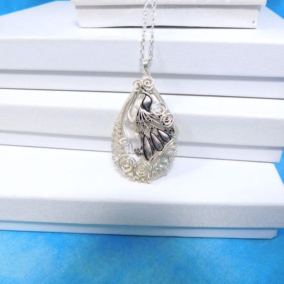 Artisan Crafted Peacock Necklace, Artistic Handmade Bird Pendant, Unique Woven Wire Wrapped Jewelry, Ladies Anniversary or Birthday Present