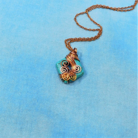 Gemstone Necklace, Artisan Crafted Unique Copper Wire Wrapped Turquoise Howlite Pendant, Handmade Jewelry Birthday Present for Ladies