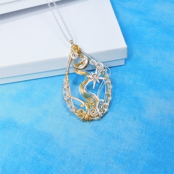 Artistic Moon and Star Necklace, Wire Wrapped Artisan Crafted Celestial Pendant, Lunar Jewelry Birthday Present for Girlfriend, Mom or Wife