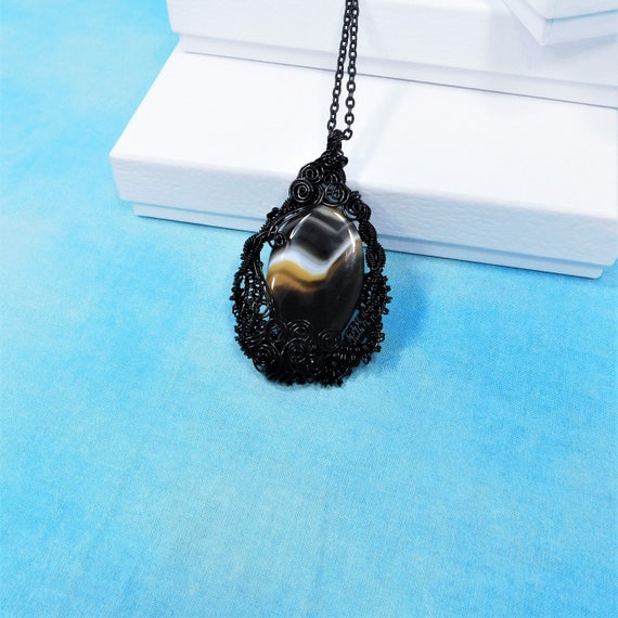 Large Woven Wire Wrapped Black Onyx Necklace, Artisan Crafted Gemstone Jewelry, Unique Statement Pendant for Anniversary or Birthday Present