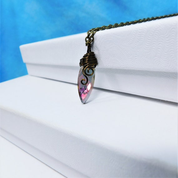 Small Wire Wrapped Crystal Drop Necklace, Unique Artistic Handmade Glass Crystal Pendant, One of Kind Wearable Art Jewelry