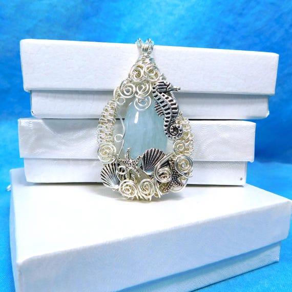 Wire Wrapped Aquamarine Pendant, Artistic March Birthstone Necklace, Gemstone Ocean Theme Wearable Art with Seahorse, Seashells and Starfish