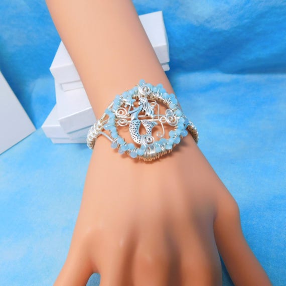 Artistic Woven Wire Cuff Bracelet with Mermaid and Turquoise Blue Crystals for Barbara