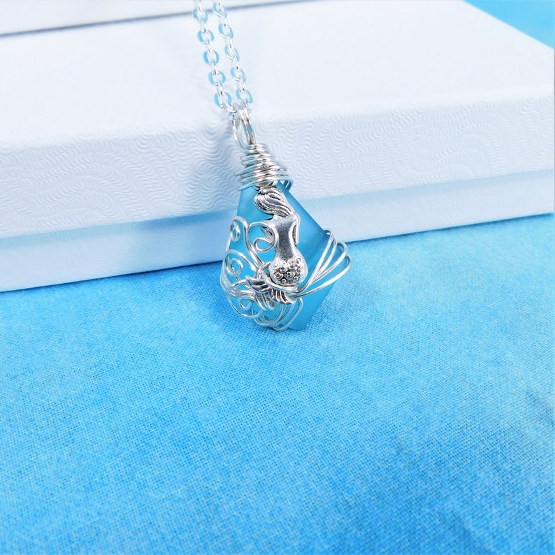 Unique Wire Wrapped Artistic Ocean Pendant Beach Theme Jewelry Present for Wife or Daughter Artisan Crafted Blue Sea Glass Mermaid Necklace