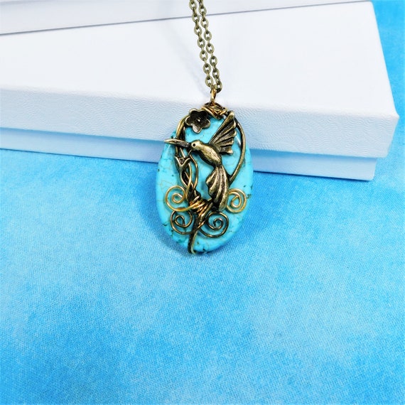 Artistic Hummingbird Necklace, Wire Wrapped Gemstone Pendant, Artisan Crafted Magnesite Pendant, Wire Wrapped Jewelry Gift for Women
