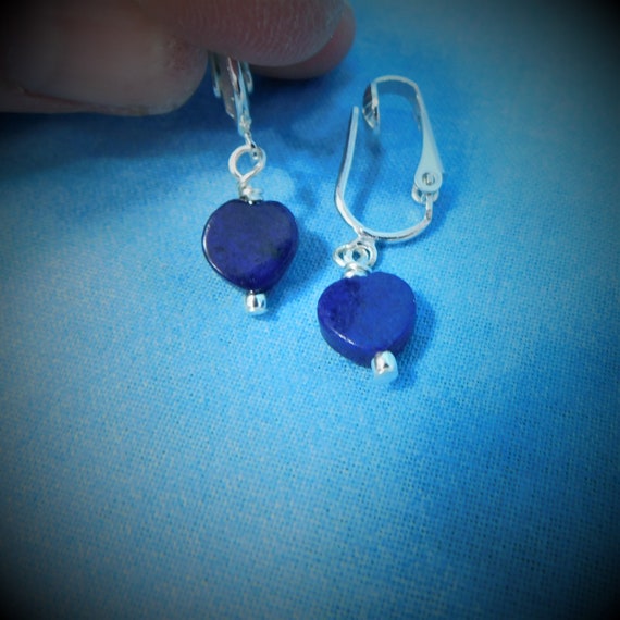 Lapis Lazuli Heart Shaped Non Pierced Earrings, Artistic Clip on Gemstone Dangles, Jewelry Birthday Present  or Anniversary Gift for Wife