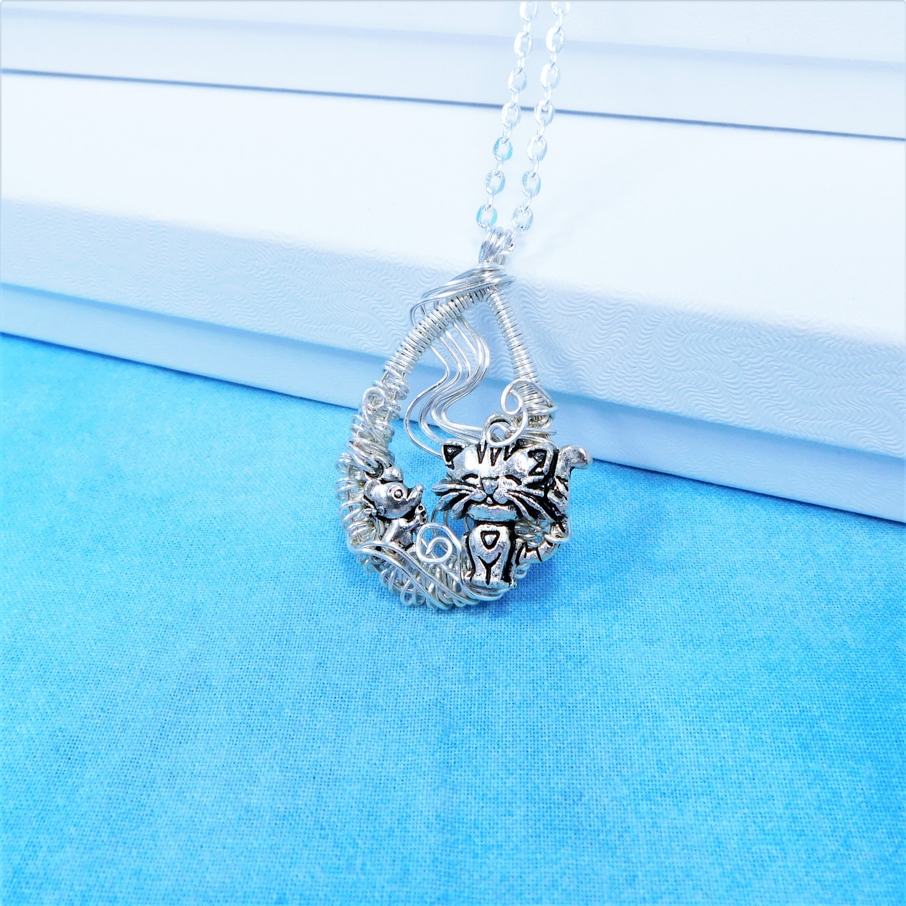 Unique Wire Wrapped Cat Lover Necklace, Artisan Crafted Kitty Jewelry