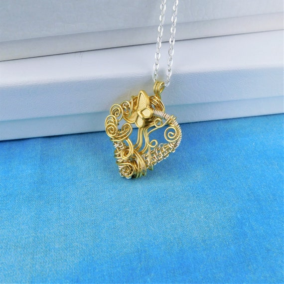 Artisan Crafted Gold Butterfly Necklace, Woven Wire Wrapped Heart Pendant, Romantic Anniversary Gift or Artistic Bereavement Present