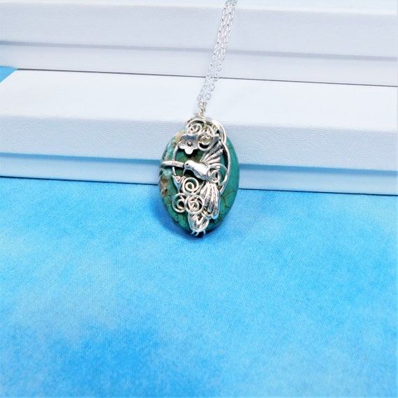 Artistic Hummingbird Necklace, Wire Wrapped Gemstone Pendant, Artisan Crafted Magnesite Pendant, Wire Wrapped Jewelry Gift for Women