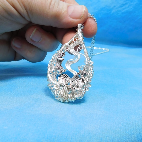Artistic Mermaid Necklace Beach Theme Fantasy Jewelry, Woven Wire Nautical Ocean Pendant, Unique Wire Wrapped Wearable Art Gift for Women