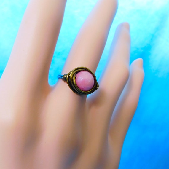 Copper Wire Wrapped Rhodonite Ring for Women, Wearable Art Jewelry Gift for Girlfriend or Wife, Unique Last Minute Stocking Stuffer Idea