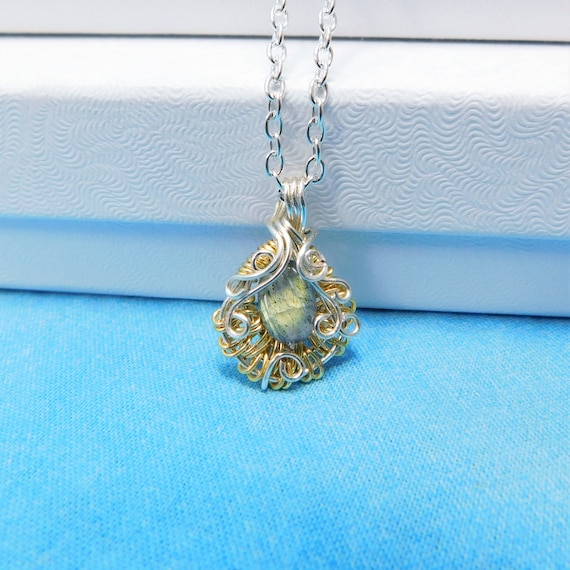 Tiny Woven Wire Wrapped Labradorite Pendant, Small Artistic Wire Wrapped Gemstone Necklace, Wearable Art Jewelry for Women