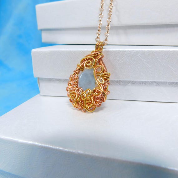 Woven Wire Aquamarine Pendant for March Birthday, March Birthstone Necklace, Copper and Gemstone Jewelry 7th Anniversary Gift for Wife