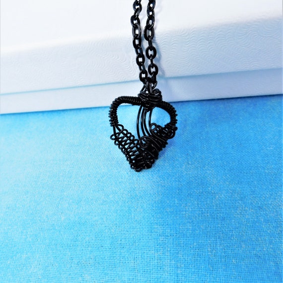 Artistic Small Black Heart Necklace, Wearable Art Heart Pendant, Woven Wire Heart Jewelry Christmas Present or Anniversary Gift for Wife