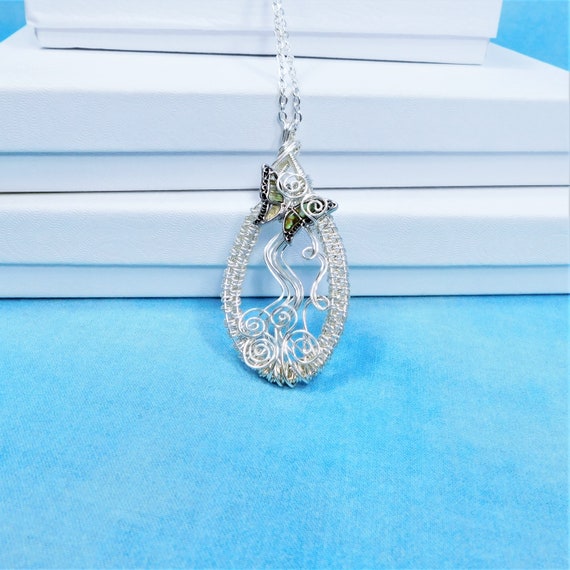 Artistic Abalone Butterfly Necklace, Wire Wrapped Butterfly Pendant, Wearable Art Memorial Jewelry Bereavement Present or Sympathy Gift