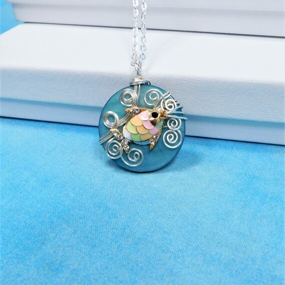 Colorful Swimming Fish Statement Pendant, Fun Artistic Beach Jewelry, Unique Wire Wrapped Whimsical Ocean Theme Wearable Art Necklace Gift