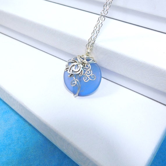 Handcrafted Sea Turtle Necklace, Wire Wrapped Blue Sea Glass Pendant, Animal Lover Ocean Beach Theme Jewelry Present for Best Friend Gift
