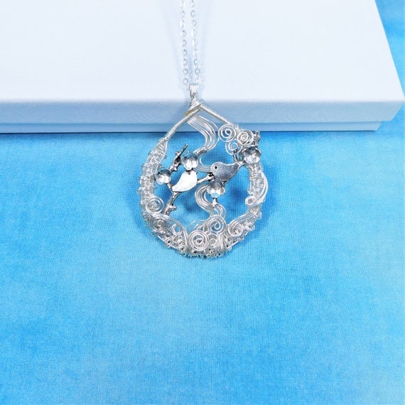 Two Birds on a Limb Bird Necklace, Bird Family Theme Jewelry, Artistic Bird Pendant Anniversary or Birthday or Mother's Day Present for Wife