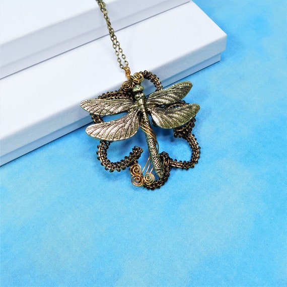 Large Boho Dragonfly Necklace, Artisan Crafted Statement Jewelry, Unique Woven Wire Wrapped Flower Pendant, Artistic Handmade Gift for Her