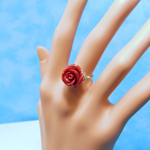 Wire Wrapped Carved Bamboo Coral Ring for Women, Wearable Art Jewelry Gift for Girlfriend or Wife, Last Minute Stocking Stuffer Idea