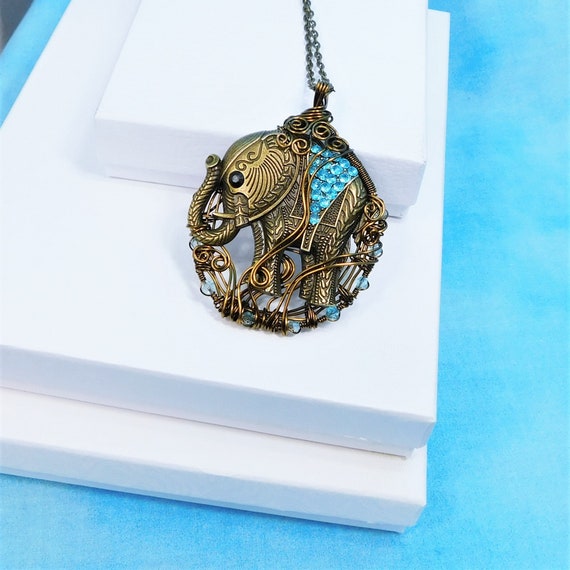 Very Large Copper Wire Wrapped Elephant Necklace, Artisan Handmade Jewelry, Zoo Animal Theme Pendant Birthday or Anniversary Present for Mom