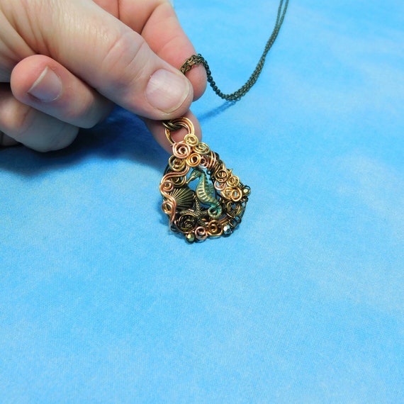 Artistic Seahorse Necklace, Unique Wire Wrapped Ocean Theme Pendant, Artisan Crafted Wearable Art Beach Jewelry One of a Kind Gift for Women