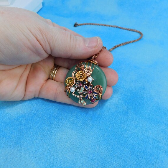 Copper Wire Wrapped Green Jade Pendant, Dragonfly Gemstone Necklace, Artistic Jewelry Birthday Present for Mom or Anniversary Gift for Wife