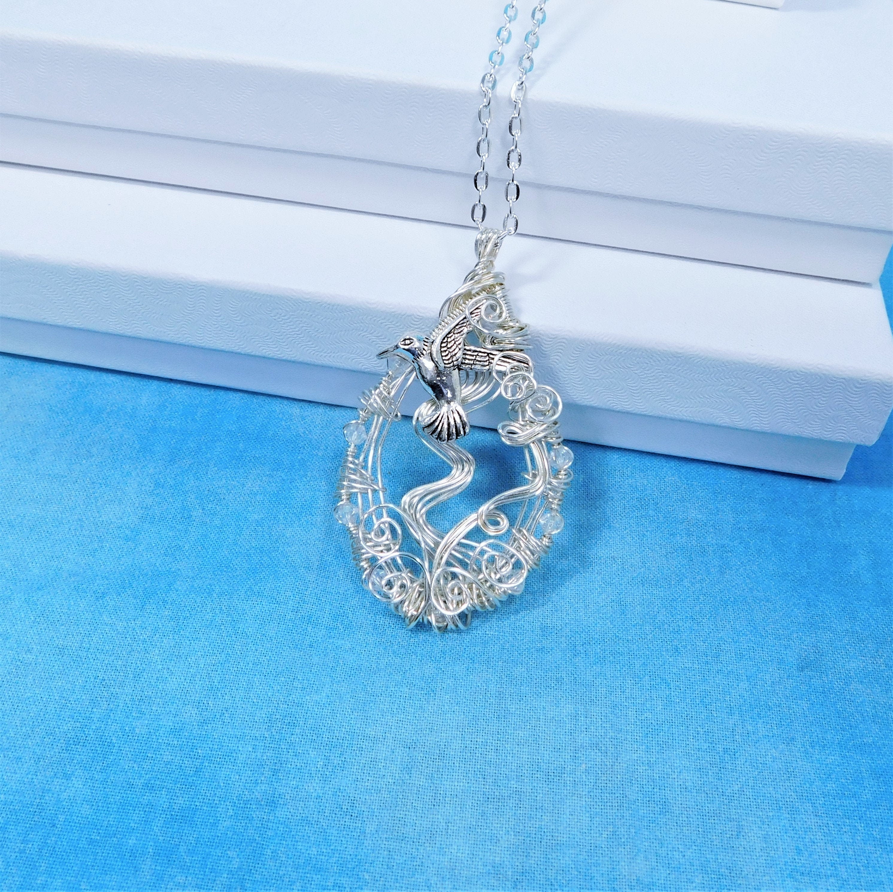 Artistic Hummingbird Necklace, Unique Woven Wire Wrapped Bird Memorial