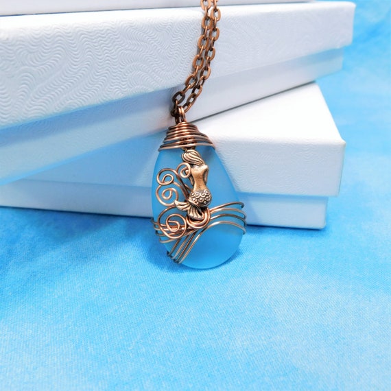 Unique Wire Wrapped Mermaid Sea Glass Necklace, Artisan Crafted Blue Beach Theme Jewelry, Artistic Handmade Ocean Theme Pendant