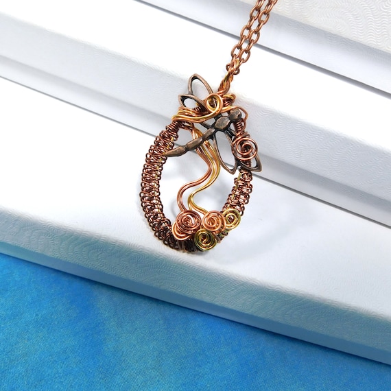 Artistic Dragonfly Necklace, Woven Copper Wire Jewelry, Dragonfly Pendant Sympathy Gift, Birthday Present or 7th Anniversary Gift for Wife