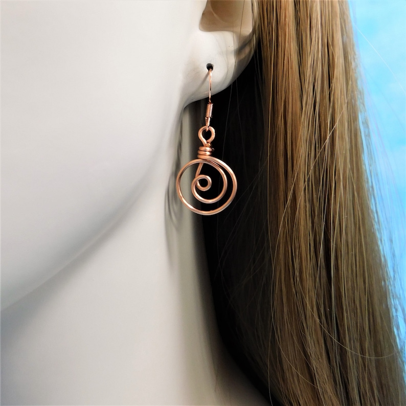 Round Natural Copper Earrings 7th Anniversary Gift for Wife Spiral Coil Earrings for Pierced Ears Nickle Free Artistic Wire Jewelry
