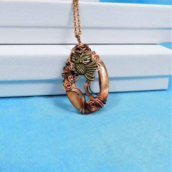 Unique Copper Wire Wrapped Owl Necklace, Artisan Crafted Wearable Art Jewelry, Artistic Handmade Pendant Birthday Present for Wife or Mom