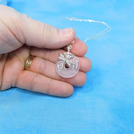 Wire Wrapped Rose Quartz Necklace, Gemstone Pendant Christmas Gift, Artistic Dragonfly Memorial Jewelry Bereavement Present or Sympathy Gift