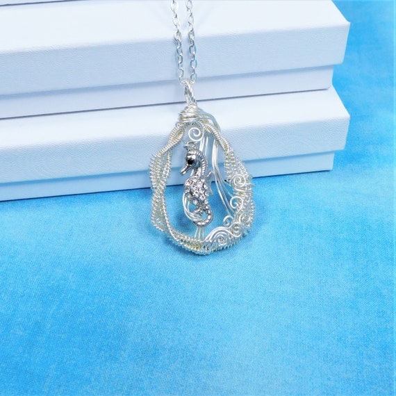 Artistic Wire Wrapped Ocean Theme Pendant Seahorse Necklace, Artisan Crafted Beach Jewelry One of a Kind Wearable Art Gift for Wife or Mom