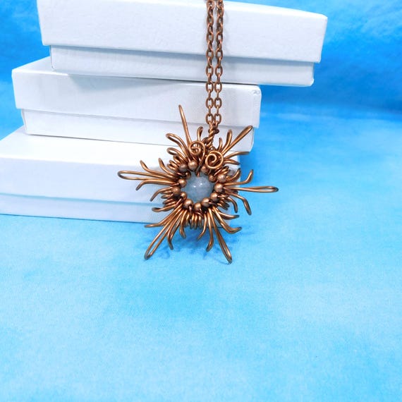 Artisan Aquamarine Necklace, Flower Gemstone and Copper Jewelry, Wire Wrapped Artistic Birthstone Pendant March Birthday Present for Women