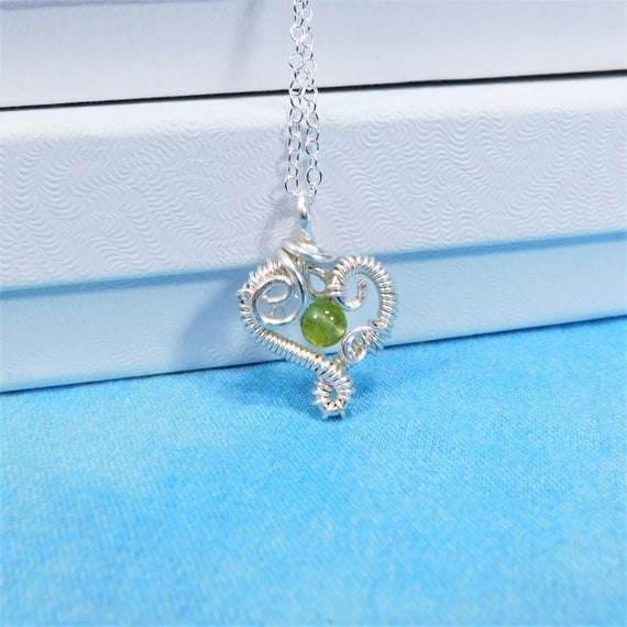 Wire Wrapped Peridot Pendant August Birthstone Necklace, Artistic Heart Shaped Gemstone Pendant August Birthday Present or Anniversary Gift