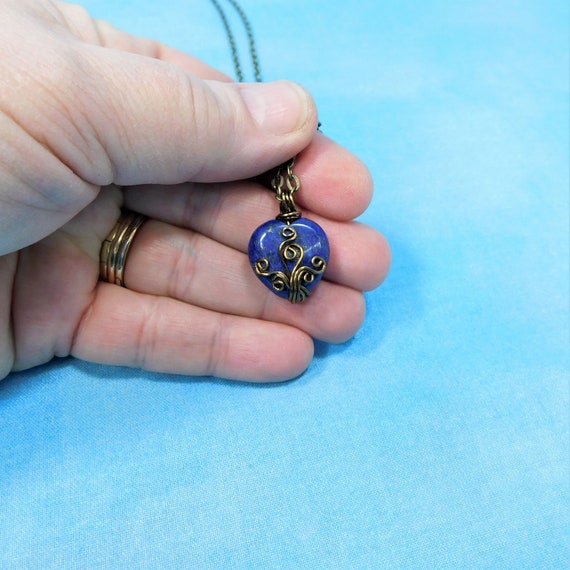 Wire Wrapped Gemstone Heart Pendant, Unique Artisan Crafted Lapis Lazuli Stone Heart Necklace, Handmade Wearable Art Jewelry Gift for Wife