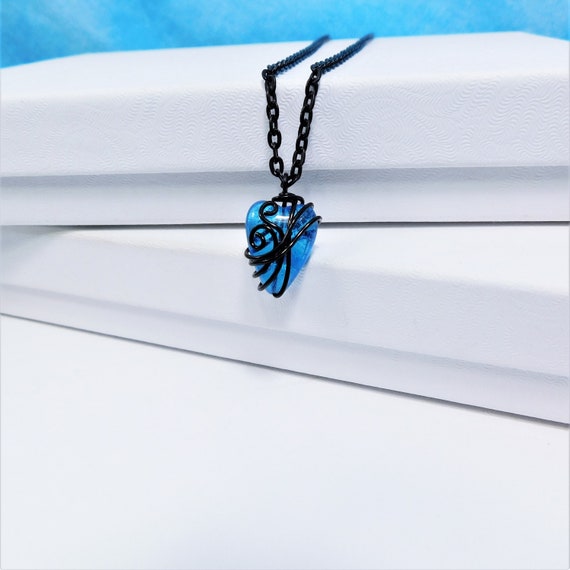 Small Black Wire Wrapped Blue Heart Necklace, Artistic Handmade Wearable Art Pendant, Sweetheart Gift Jewelry Anniversary Present for Wife