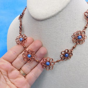 Copper Flower Necklace Wearable Art, Artisan Crafted Sculpted Wire Wrapped Jewelry, One of a Kind Artistic 7th Anniversary Gift for Wife